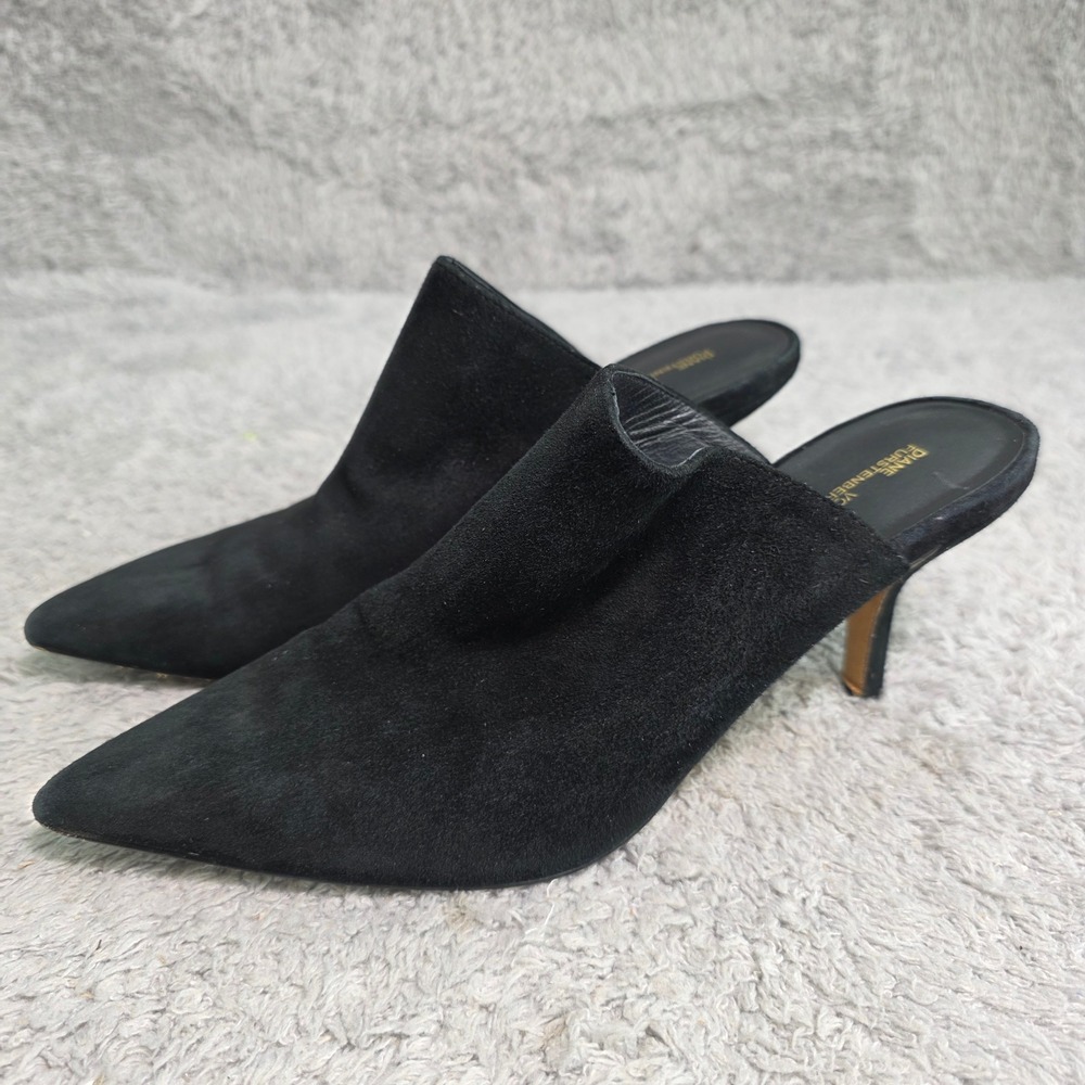Diane von Furstenberg Suede Mules Black Pointed Toe Kitten Heel Womens 7M